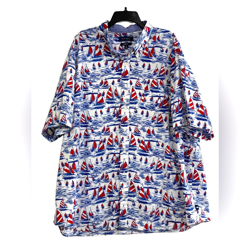 Crown & Ivy Men’s Button Front Sailing Boat Shirt, 3X